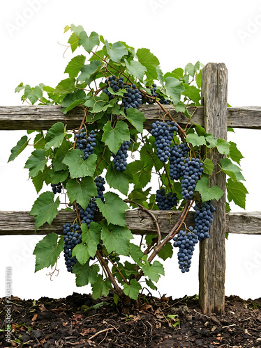 Ripe dark grapes on a vine climbing an old wooden fence, isolated on white