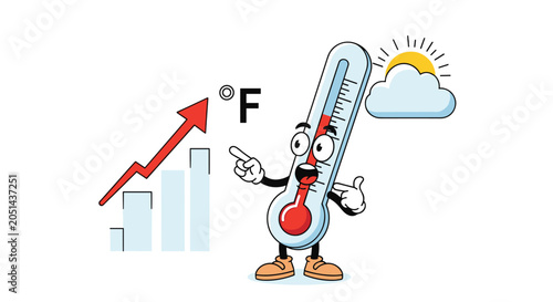 Thermometer mascot pointing at rising temperature graph with sun behind clouds to represent hot summer weather and global warming.