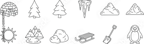 Set of hand drawn winter icons featuring igloo tree icicle snow mountain penguin and sled
