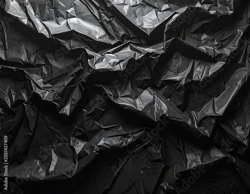 A crumpled black plastic surface with creases and folds