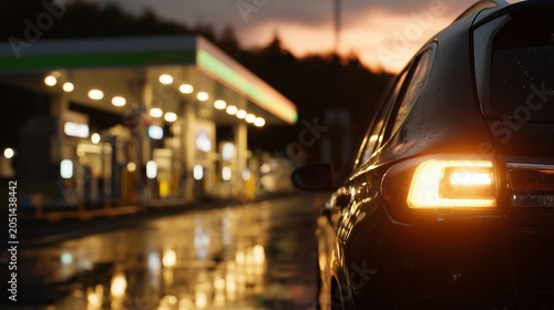 Gas station at dusk with a parked car and wet pavement reflecting lights