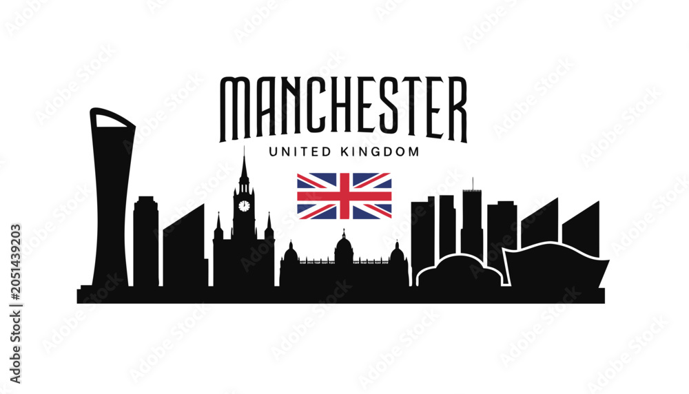 Fototapeta premium Vector illustration of Manchester skyline in black silhouette, with “MANCHESTER” text, on white background, modern city identity and tourism design