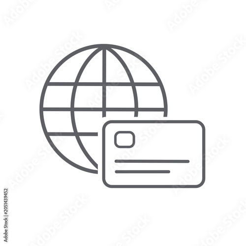 Linear icon of a credit card in front of a globe, representing global payment, international online shopping, and worldwide financial transactions.