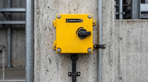 Yellow isolator switch box on concrete wall