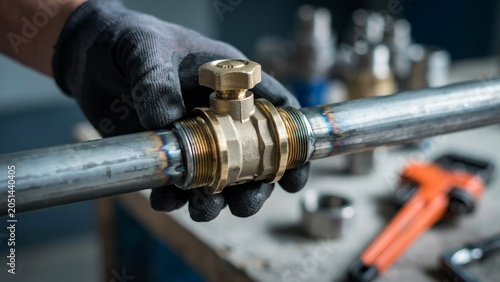Closeup of a worker in gloves holding a brass valve connected to metal pipes