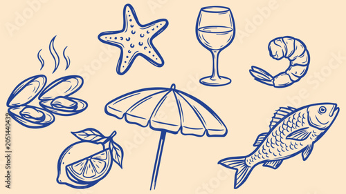 Canvas Print Summer Beach And Seafood Doodle Collection With Starfish Wine Glass Shrimp Umbre