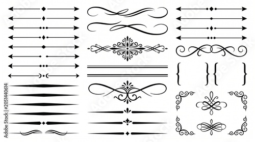 Collection of elegant black decorative dividers ornaments and flourishes for design and page decoration