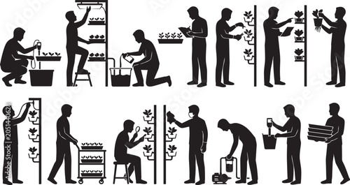 Bild auf Leinwand Vertical Farming and Hydroponic Agriculture Worker Silhouette Collection Featuri