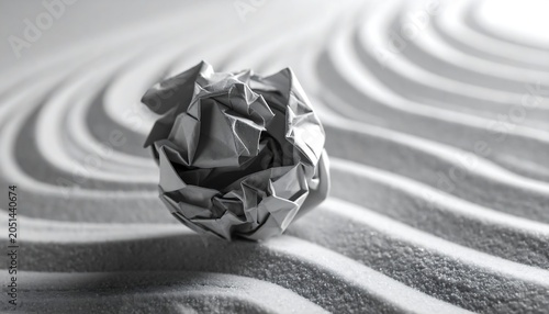A crumpled paper ball sits atop a meticulously raked sand garden