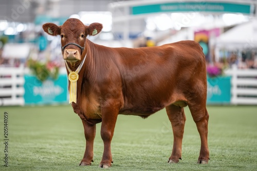 Champion red show cow standing proudly in a livestock show ring with winner ribbon