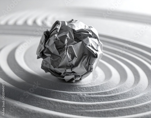 A crumpled paper ball sits atop concentric circles etched into a flat surface