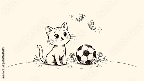Cute cartoon kitten sitting in the grass with a soccer ball and butterflies