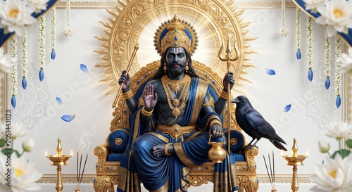 Majestic shani dev deity seated on golden throne with crow and lotus flowers in ornate hindu temple setting for spiritual devotion and traditional religious worship art for cultural celebration decor