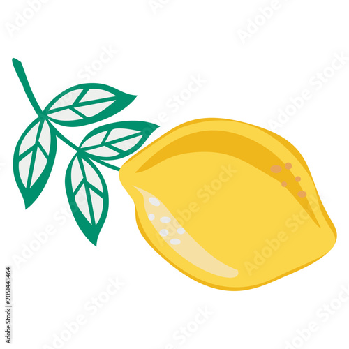 Minimalist vector illustration of a fresh yellow lemon with green leaves. Clean, stylized citrus fruit graphic isolated on a white background, perfect for food, beverage, and summer designs.