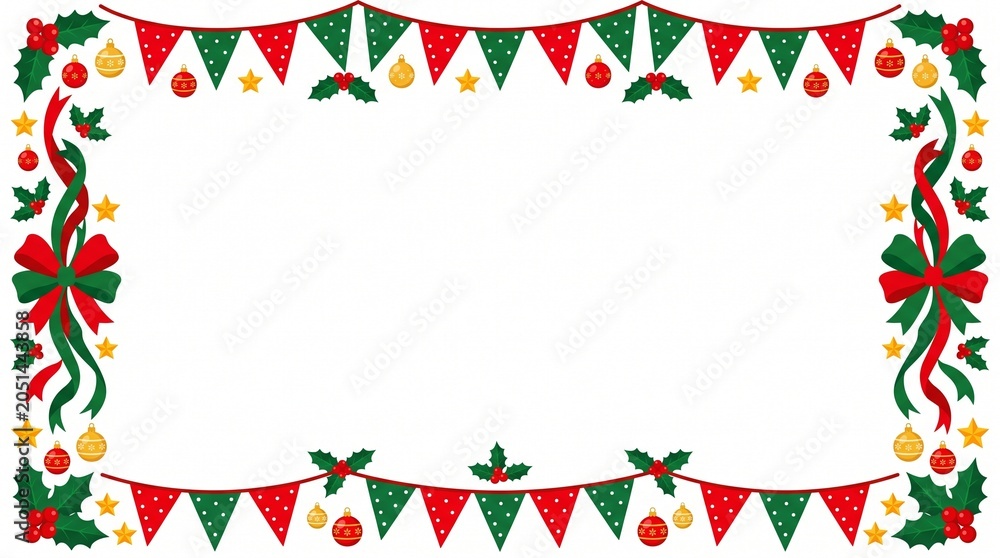 Obraz premium Christmas festive border with holly berries ornaments bows and bunting flags on white background