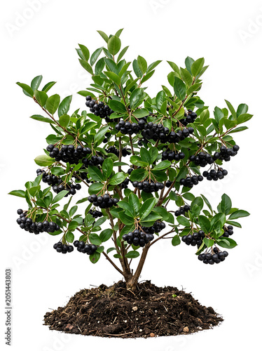 Isolated Aronia Berry Plant with Ripe Dark Berries on White Background