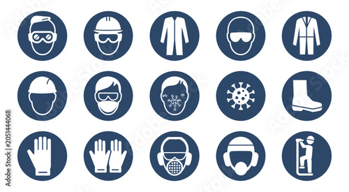 Foto Safety equipment icon set, work site mandatory warning signs, blue circle alert danger symbols, required protection notice vector illustration