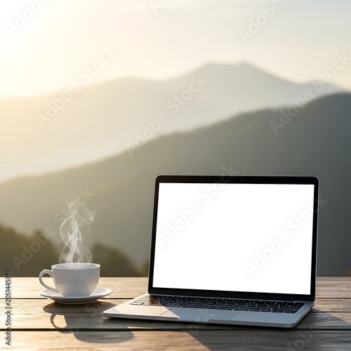 Laptop on wooden table outdoors