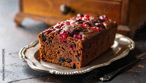 Rich dark fruitcake slice with glace cherries and dried fruit on a vintage silver plate