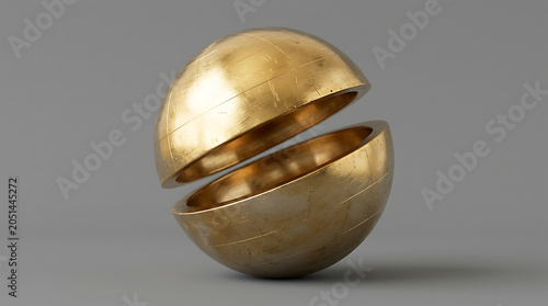 Abstract golden sphere split in two halves on a grey background