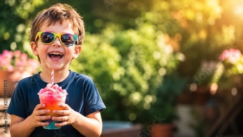 Happy Boy with Sunglasses Holding Colorful Summer Slush