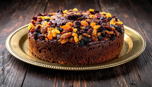 Rich Dark Fruitcake Topped with Candied Peel and Sultanas on a Golden Plate
