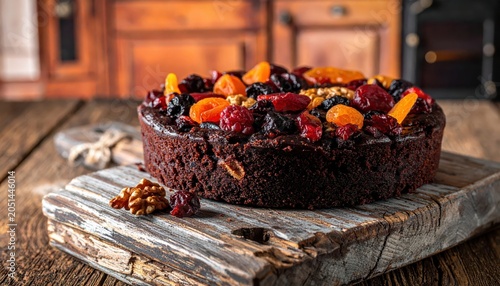 Rich Dark Fruitcake Topped with Dried Fruits and Walnuts on a Rustic Wooden Board