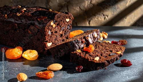 Rich dark fruitcake generously filled with mixed dried fruits and whole nuts sliced and presented on a textured surface