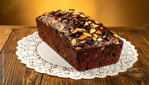 Rich dark fruitcake topped with visible raisins and chopped almonds rests on a decorative doily