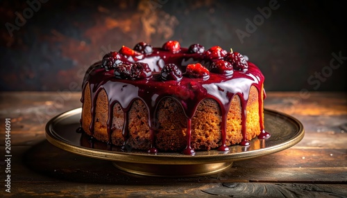 Rich Dark Fruitcake with a Deep Glossy Liquor Glaze and Berry Topping