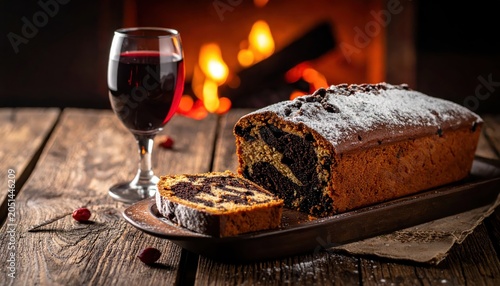 Rich dark fruitcake with a glass of port wine served by a warm fireplace