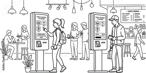 Modern cafe restaurant interior with customers using digital touch screen self service kiosk terminal line art.