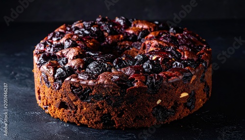 Rich dark fruitcake generously studded with plump dark fruits and aromatic spices, a classic festive indulgence.