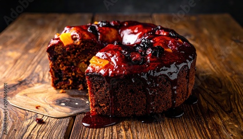 Rich dark fruitcake with a glossy liquor glaze, decadent dessert ready for holiday celebrations