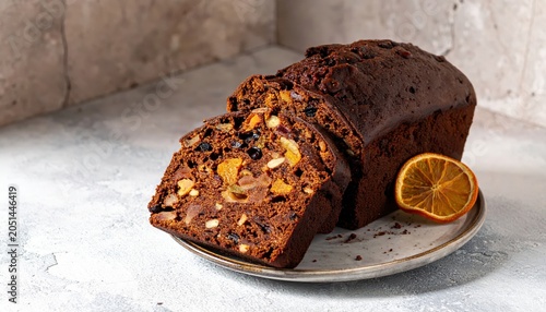 Rich Dark Fruitcake with Candied Citrus Peel and Mixed Nuts, Perfectly Sliced on a Plate