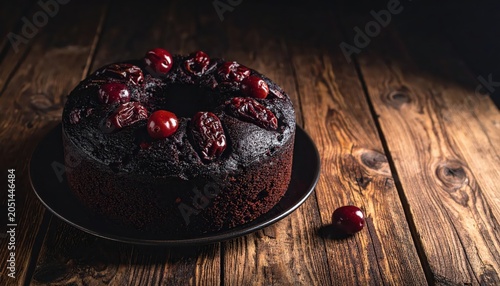 Rich Dark Fruitcake with Cherries on Rustic Wooden Table
