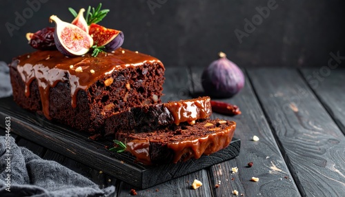 Rich dark fruitcake with glossy caramel glaze topped with fresh figs and rosemary on a rustic wooden board.