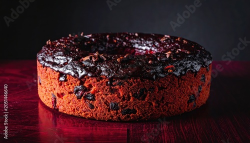 Rich Dark Fruitcake With Glossy Glaze And Embedded Spices Presented On A Wooden Surface
