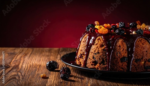 Rich dark fruitcake with glossy liquor glaze and dried fruit topping on a wooden table