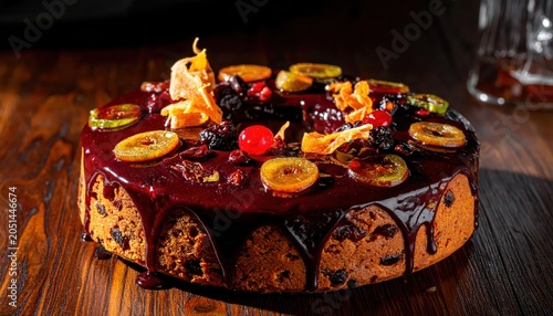 Rich Dark Fruitcake with Glossy Liquor Glaze and Candied Toppings