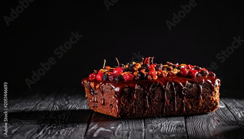 Rich dark fruitcake with glossy rum-soaked glaze and mixed nuts, glistening under studio lights on a rustic wooden surface.