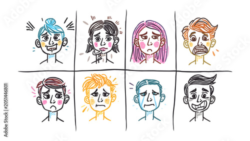 Fotografía Faces of Emotion: A grid displays eight diverse cartoon faces, each vividly illustrating a different human emotion, from joy and surprise to sadness and fear