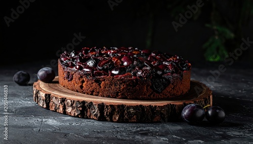 Rich Dark Fruitcake with Plums and Glaze on a Rustic Wooden Board, a Decadent Baked Dessert