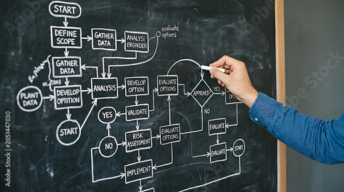 Closeup of a person drawing a complex business flowchart on a chalkboard