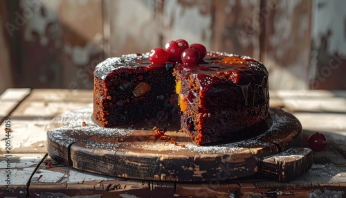 Rich dark fruitcake with vibrant fruit and cherry garnish, beautifully sliced on a rustic wooden board