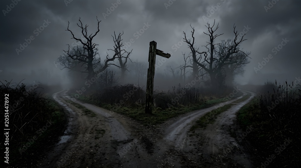 Fototapeta premium A lonely crossroad with two diverging paths disappearing into a foggy, eerie landscape, surrounded by dead trees. The atmosphere is somber and mysterious, evoking a sense of choice and uncertainty