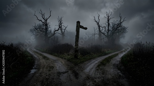 A lonely crossroad with two diverging paths disappearing into a foggy, eerie landscape, surrounded by dead trees. The atmosphere is somber and mysterious, evoking a sense of choice and uncertainty