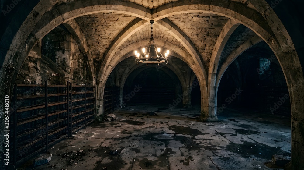 Obraz premium An eerie, ancient cellar with stone arches and a dim chandelier. The floor is damp and appears weathered, suggesting age and disuse. The shadows create a mysterious atmosphere.