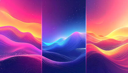 Leinwandbilder Rosa digital landscape with pixelated mountains and glowing particles, vibrant neon colors, aurora borealis effect, synthwave aesthetic, futuristic vision  © milawati