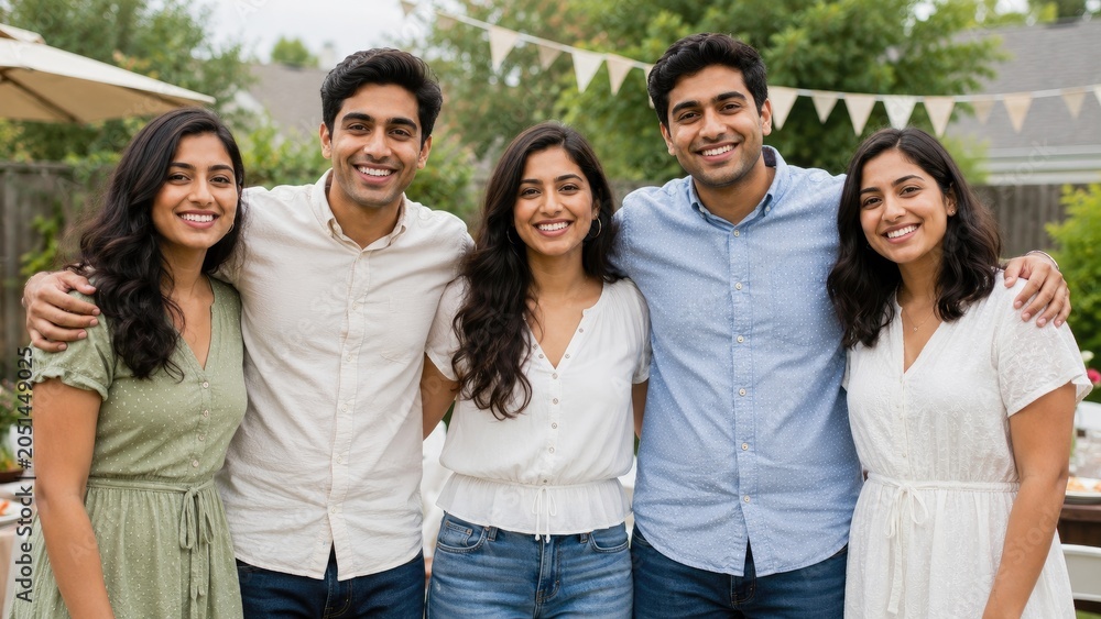 Fototapeta premium Five smiling young adults with arms around each other at a backyard summer gathering
